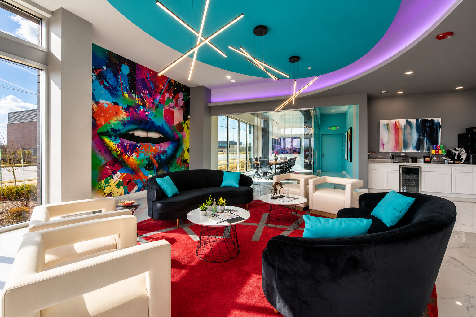 Modern Storage® Bentonville office interior with seating area, colorful mural, and bright customer lobby